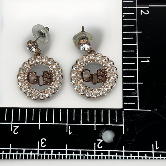 GUESS Women Rose Gold Tone Round Crystals LOGO Design Earrings- Dangle Drop Pair - Picture 7 of 8